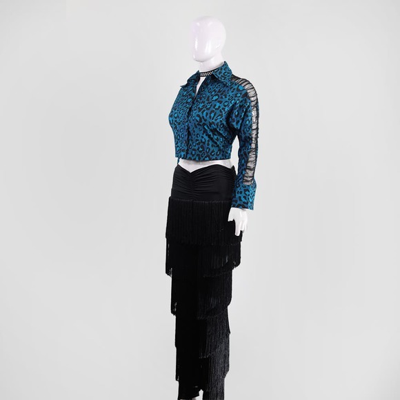 Blue Leopard Print Crop Top with Sheer Lace Sleeves - Picture 2 of 4